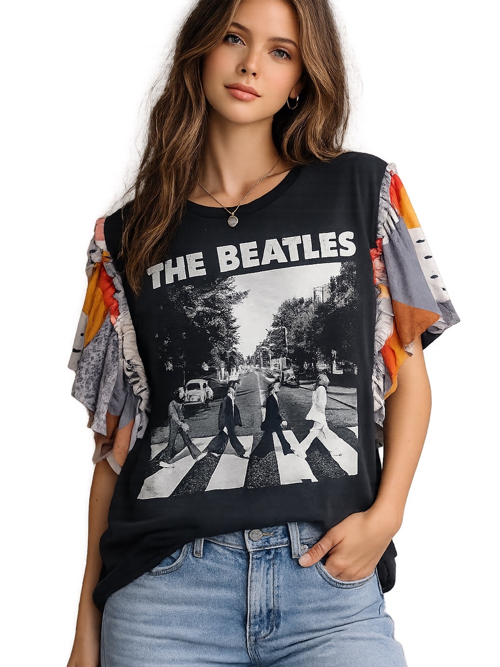 The Beatles Graphic Up Cycle tee with Ruffle Sleeves free size Ptp 22